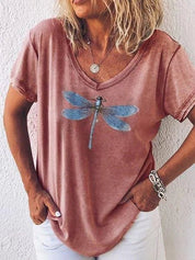 Celestine Roquefort | Dragonfly Print V-Neck Washed Pink Tee