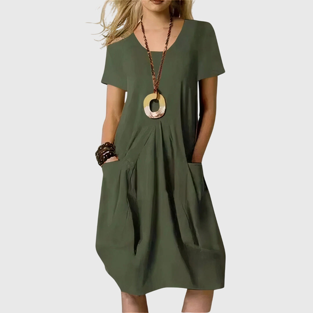 Maricel Fontenrose | Orange V-Neck Midi Dress with Pockets