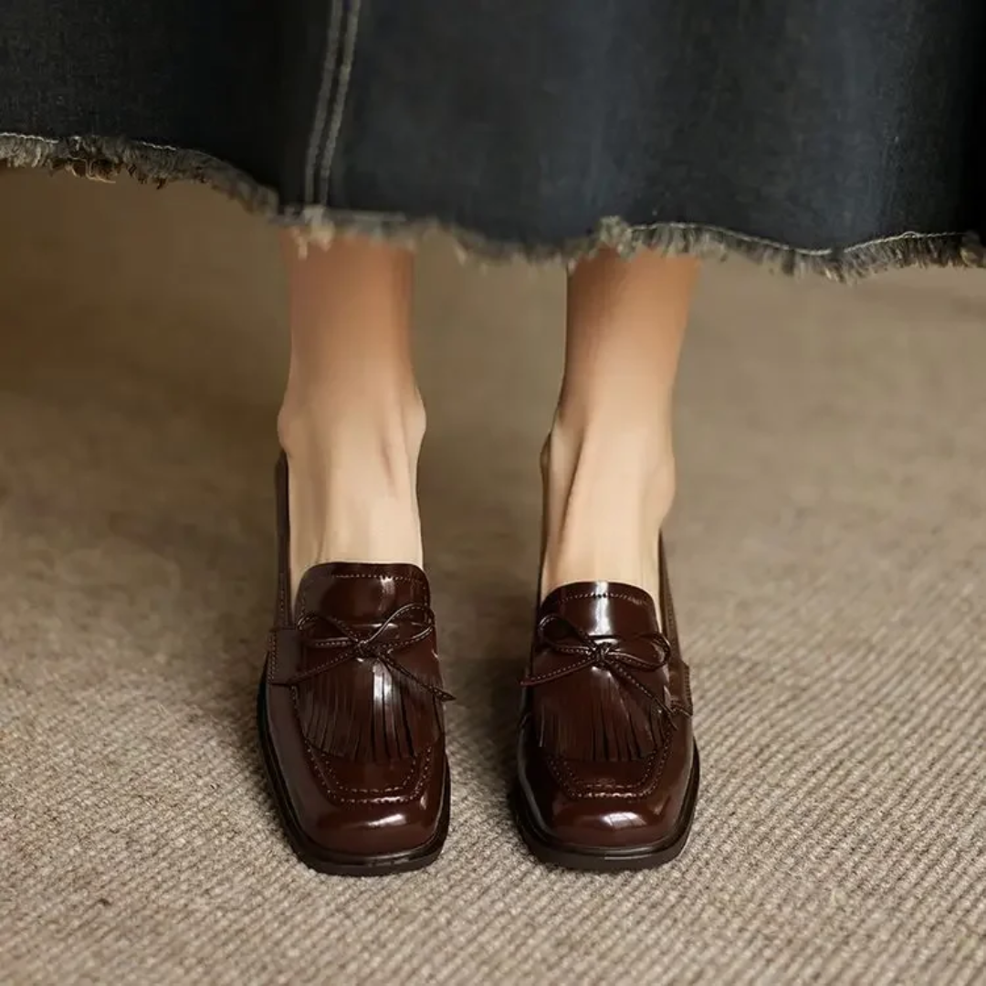 Rosalba Fontaine | Black Patent Tassel Loafer Block Heel Pump