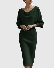 Elaine Fontcourt | Black Ribbed Cowl Neck Batwing Midi Dress