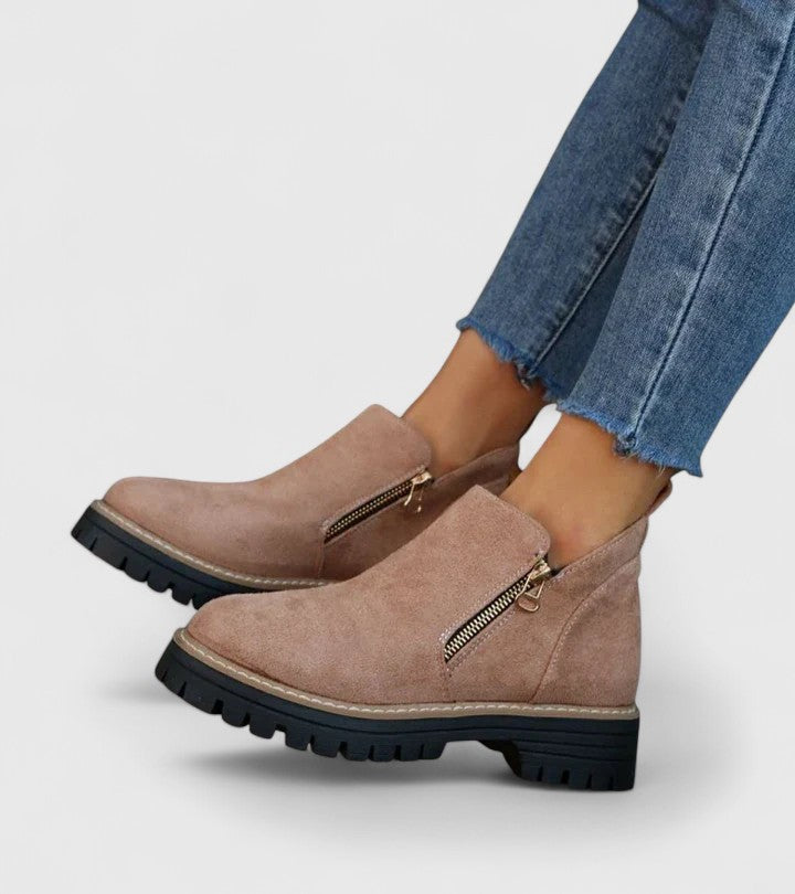 Elaine Fontverde | Black Suede Ankle Boots with Gold Zip