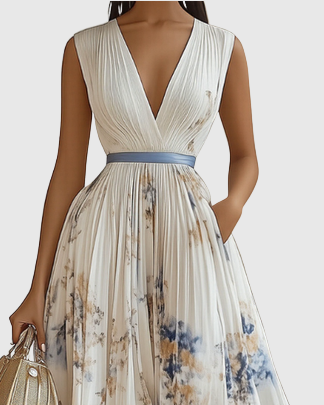 Édith Ravencombe | Floral Pleated Midi Dress with Deep V-Neck
