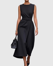 Isabeau Cavendish | Rust Brown Sleeveless Midi Dress with Waist Sash