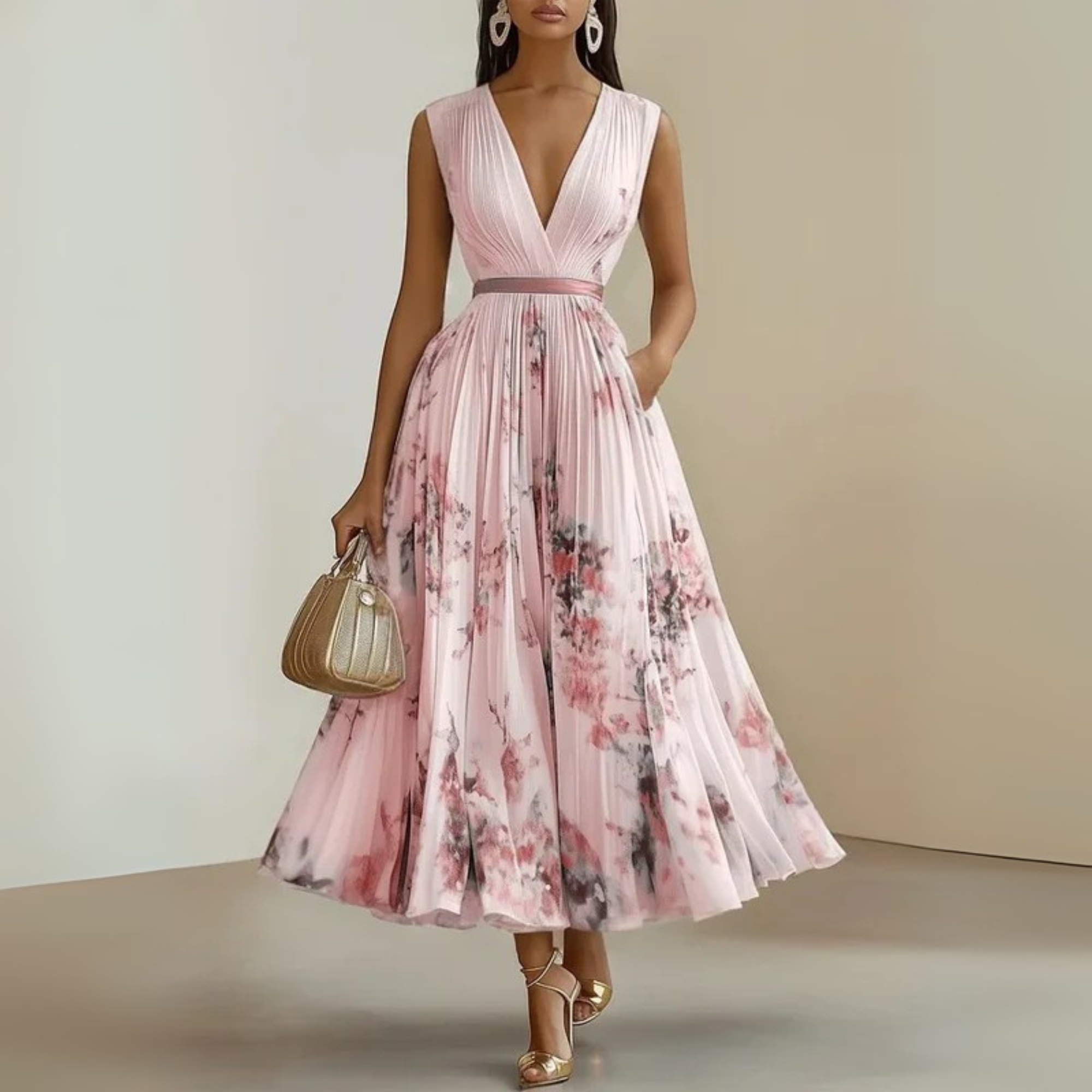 Séraphine Montclaire | Flowy Sleeveless Floral Midi Dress with V-Neck