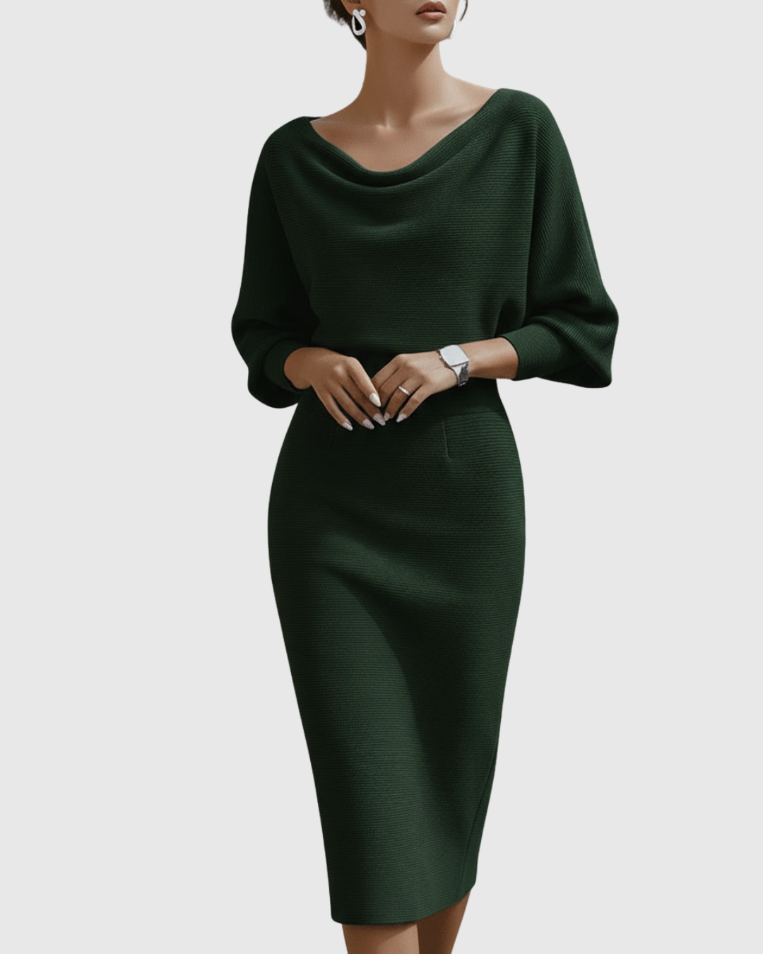 Vivienne Solvaine | Navy Blue Cowl Neck Batwing Midi Knit Dress