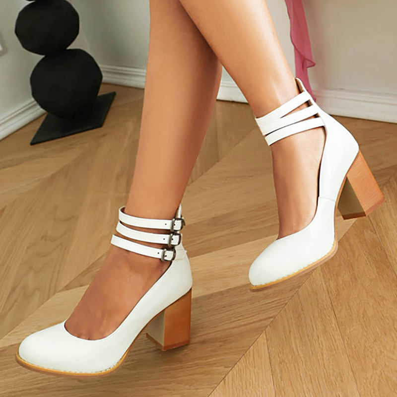 Mathilde Renoncourt | Tan Block Heel with Double Ankle Strap
