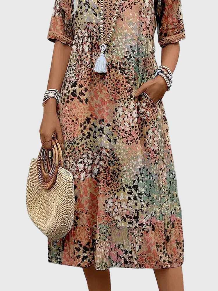 Celestine Dawnmere | Boho Floral Midi Dress with V-Neck