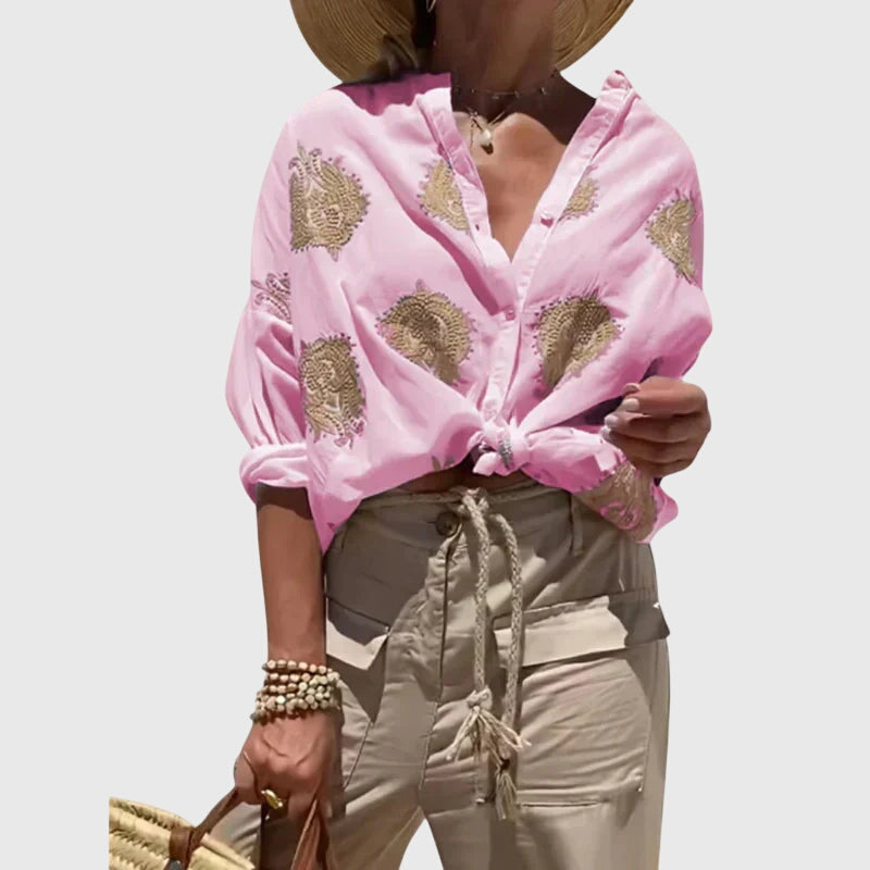 Corinne Valmont | White Gold Embroidered Button-Up Blouse