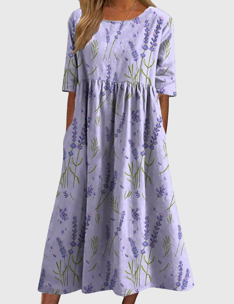 Célimène Fairgrove | Blue Floral Midi Dress with Half Sleeves
