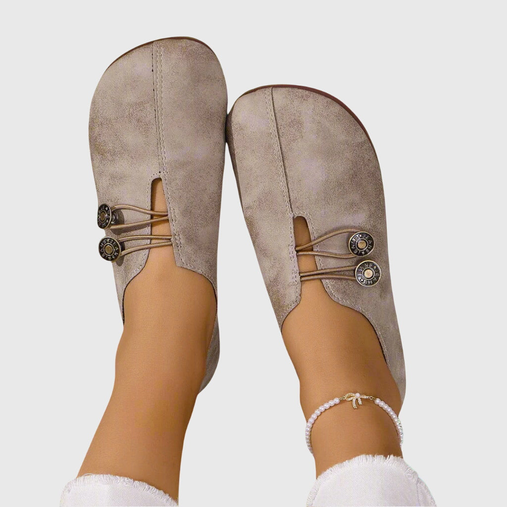 Eleonora Ravensfield | Vintage Brown Suede Slip-On Flats with Button Detail
