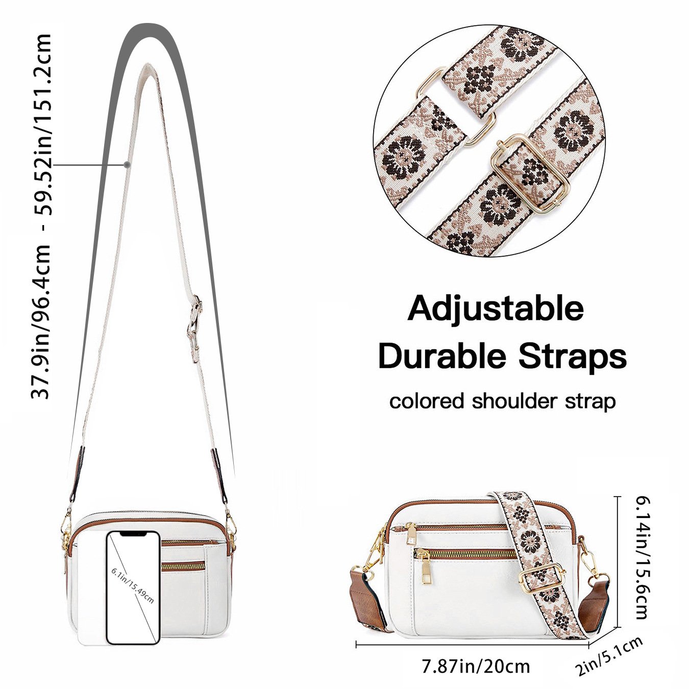Elaine Beausoleil | White Faux Leather Crossbody Bag with Floral Strap