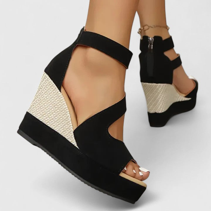 Céleste Wyndmoor | Black Wedge Sandals with Elastic Straps