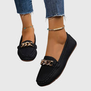 Elspeth Montrouge | White Flat Loafers with Gold Chain Detail
