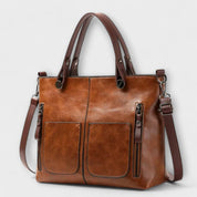 Beatrice Wyndmere | Brown Faux Leather Tote Bag with Front Pockets