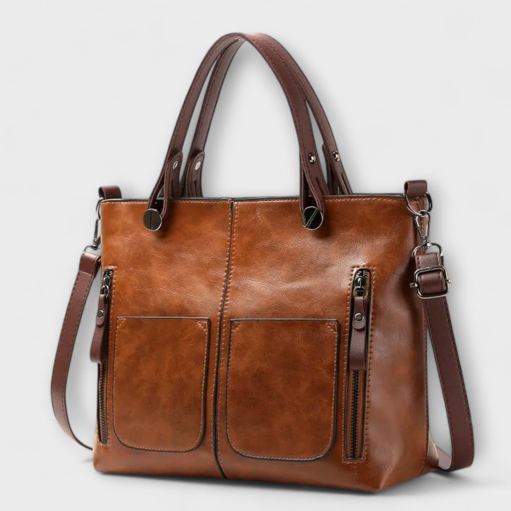 Beatrice Wyndmere | Brown Faux Leather Tote Bag with Front Pockets