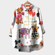 Lisette Fontvielle | Purple Cartoon Dog Print Linen Blouse