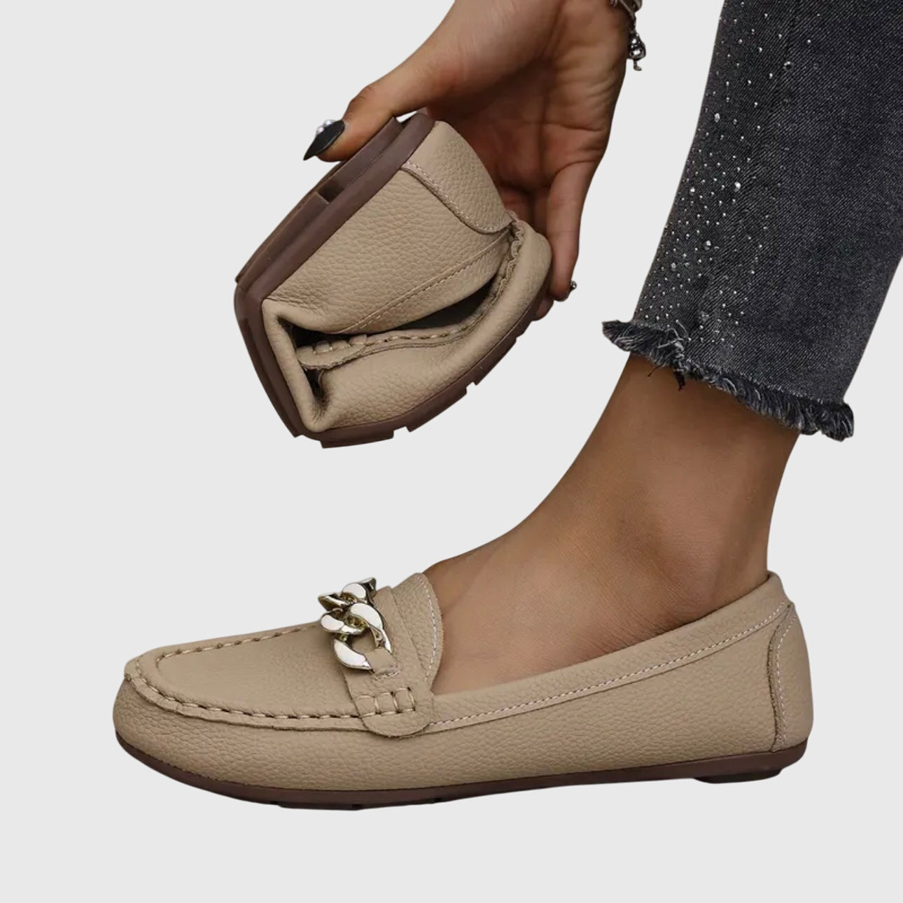 Elspeth Montrouge | White Flat Loafers with Gold Chain Detail