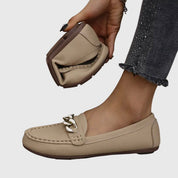 Elspeth Montrouge | White Flat Loafers with Gold Chain Detail