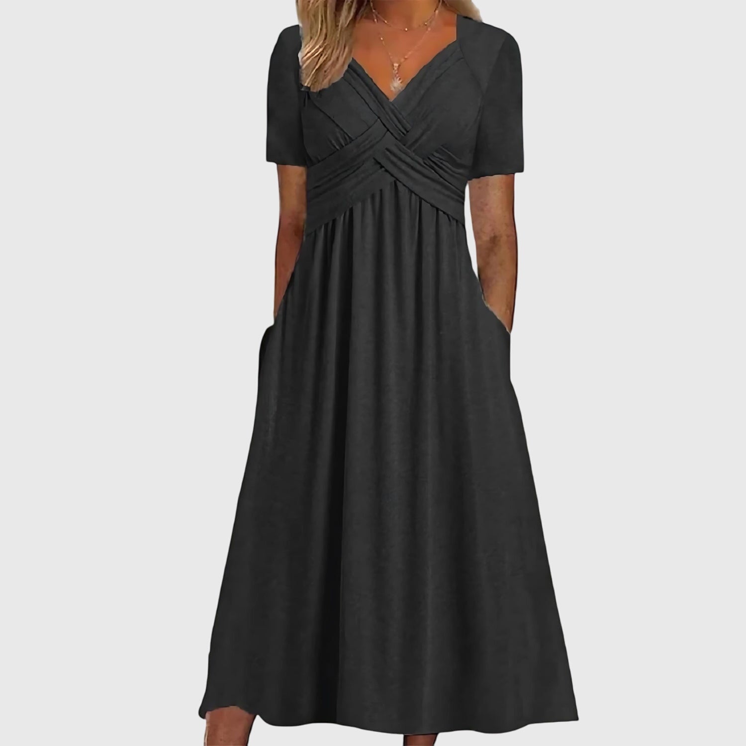 Cordelia Ashbourne | Blue V-Neck Midi Dress with Tummy Control