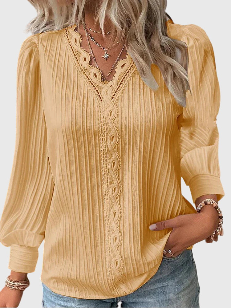 Amélie Chanteclair | Yellow Lace Trim V-Neck Long Sleeve Blouse