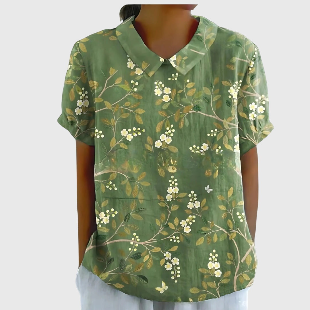 Colette Vaudrenne | Green Floral Print Short Sleeve Blouse