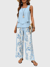 Luciana Whitford | Blue Leaf Print Sleeveless Two-Piece Set