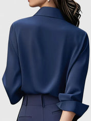 Sandrine Beauclaire | Navy Blue Satin Long-Sleeve Button-Down Shirt
