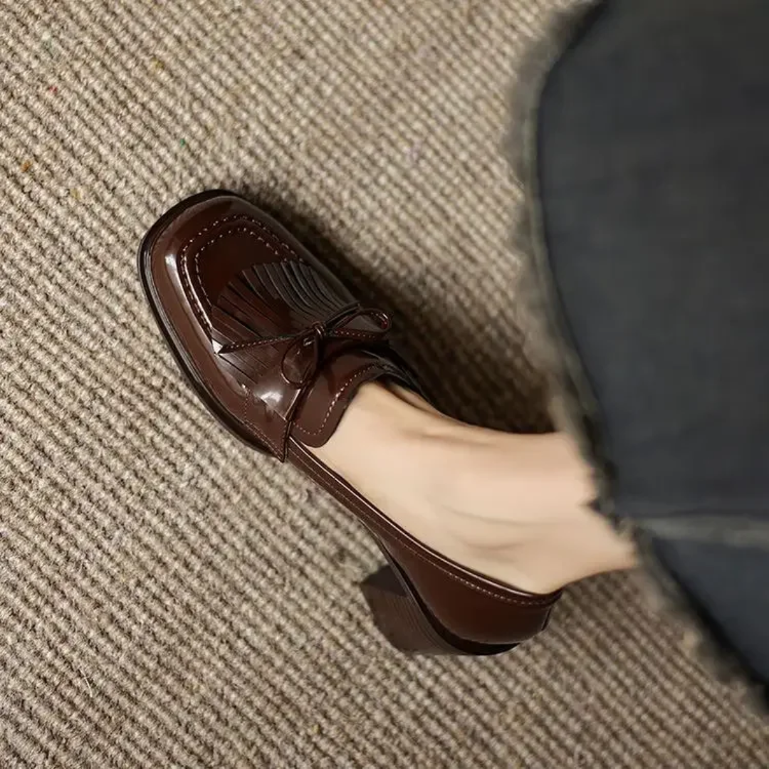 Rosalba Fontaine | Black Patent Tassel Loafer Block Heel Pump