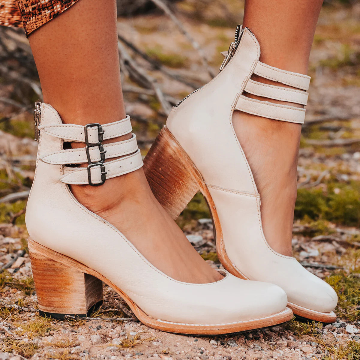 Eleanora Vosswick | Tan Leather Block Heel Ankle Boot with Double Buckle Straps