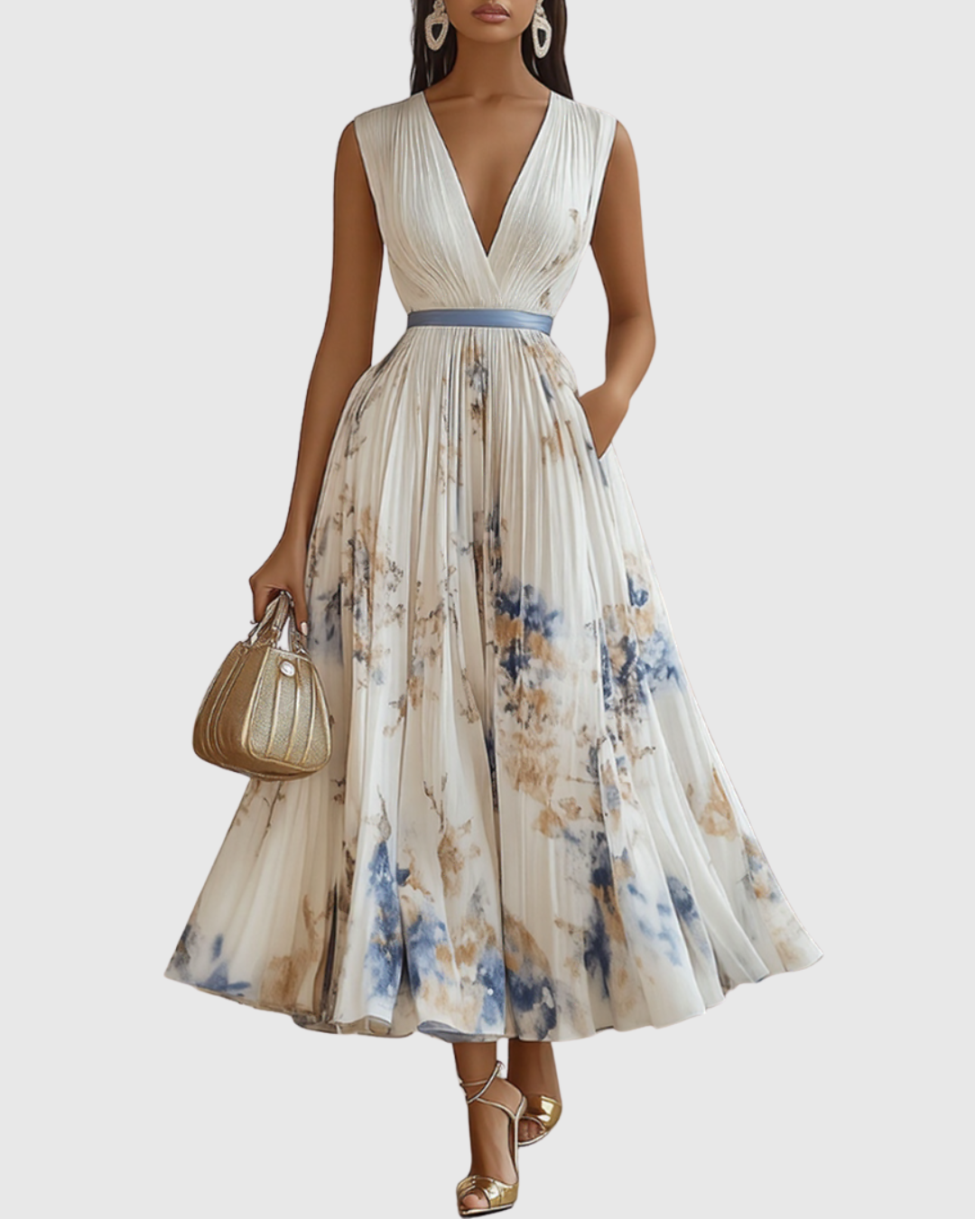 Édith Ravencombe | Floral Pleated Midi Dress with Deep V-Neck
