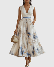 Édith Ravencombe | Floral Pleated Midi Dress with Deep V-Neck