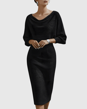 Elaine Fontcourt | Black Ribbed Cowl Neck Batwing Midi Dress