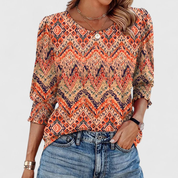 Corinthia Velbray | White Smocked Cuff 3/4 Sleeve Crew Neck Top