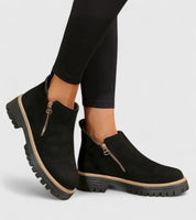 Elaine Fontverde | Black Suede Ankle Boots with Gold Zip