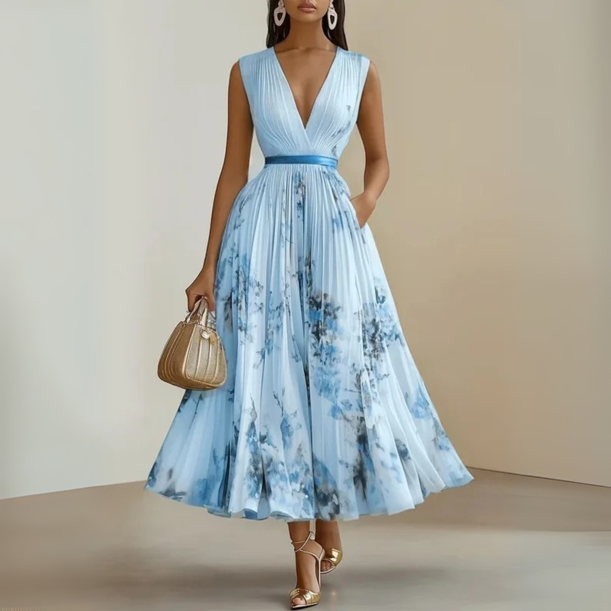 Séraphine Montclaire | Flowy Sleeveless Floral Midi Dress with V-Neck