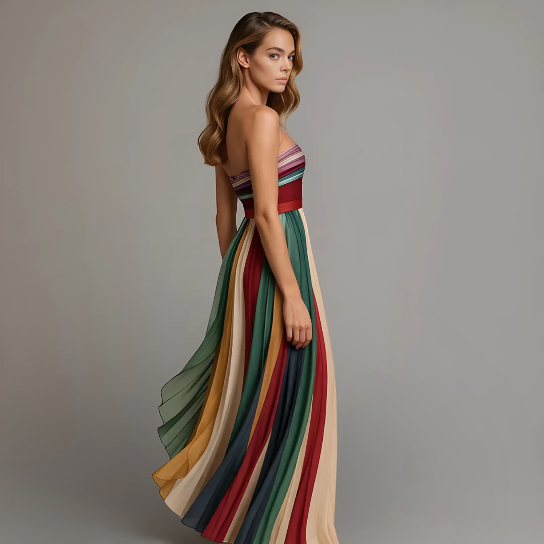 Celeste Beaurivage | Strapless Multicolor Pleated Maxi Dress