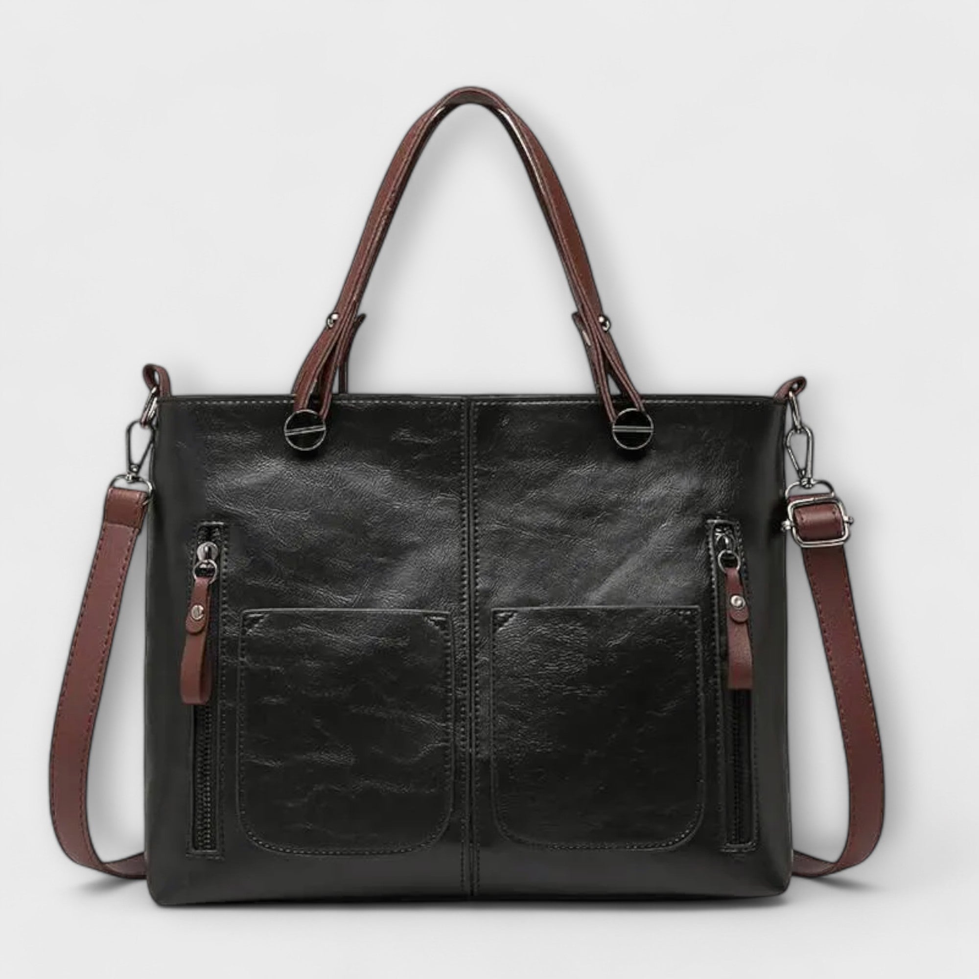 Beatrice Wyndmere | Brown Faux Leather Tote Bag with Front Pockets