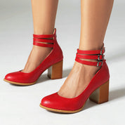 Mathilde Renoncourt | Tan Block Heel with Double Ankle Strap