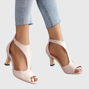 Lenora Vanbright | Blush Pink Peep Toe Block Heel Sandals