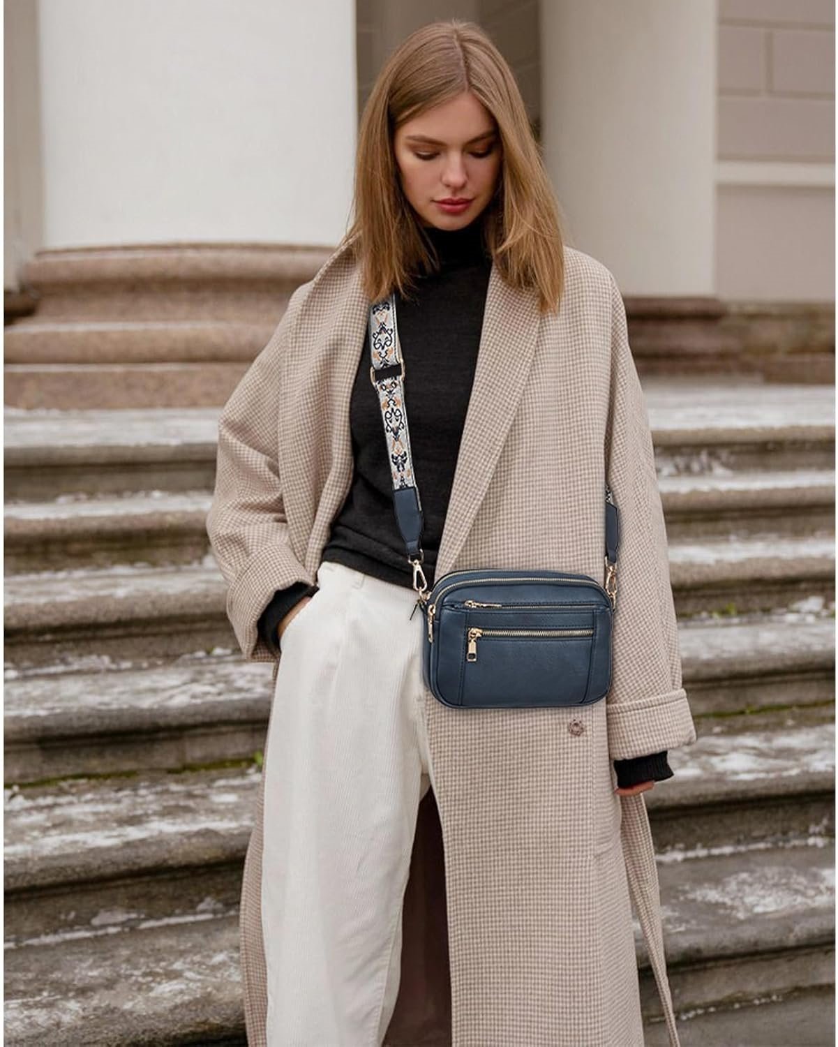 Elaine Beausoleil | White Faux Leather Crossbody Bag with Floral Strap