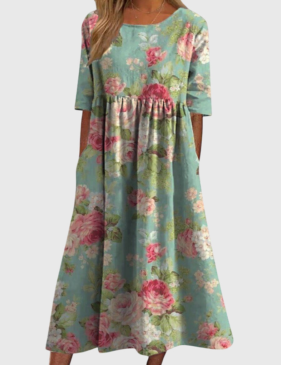 Célimène Fairgrove | Blue Floral Midi Dress with Half Sleeves