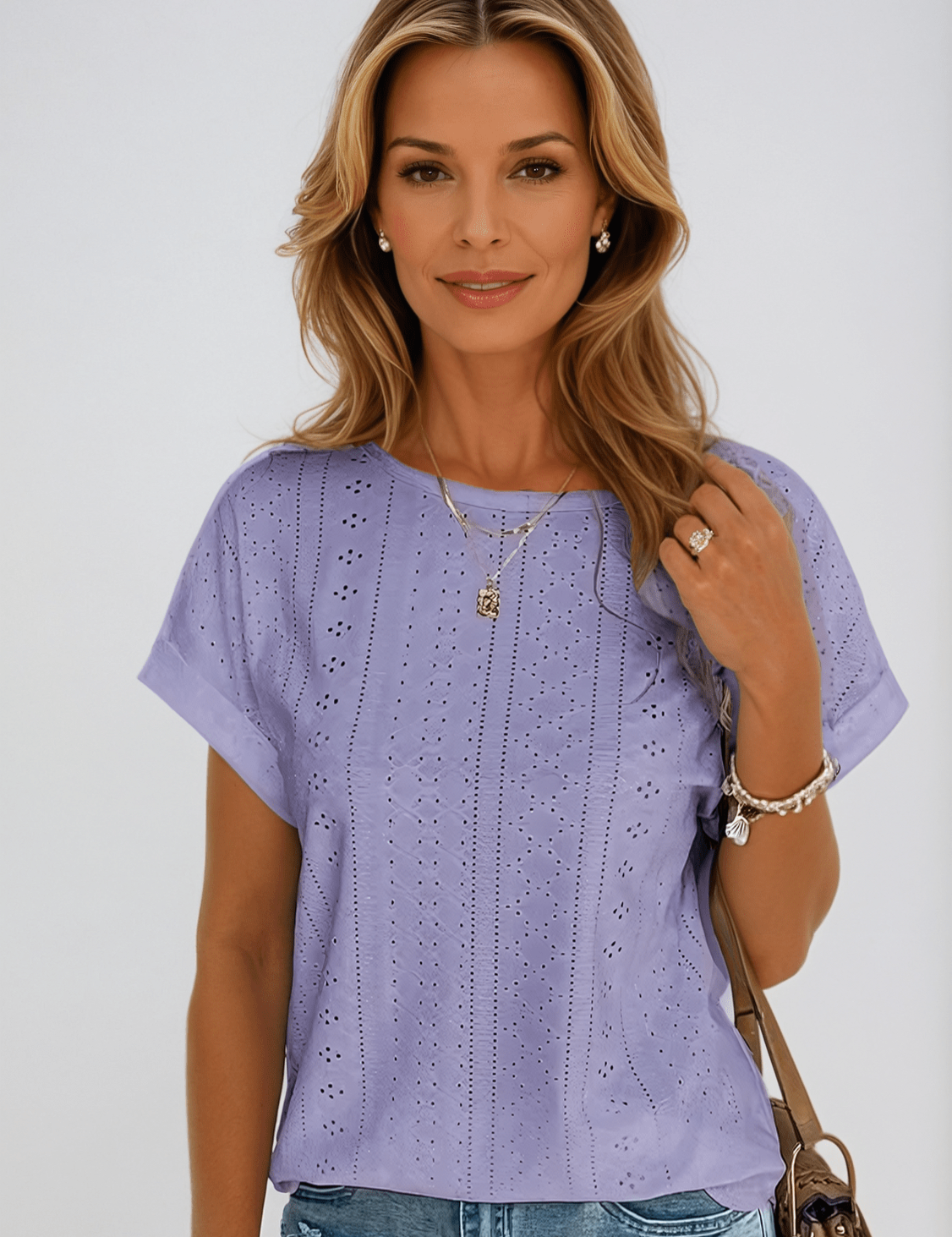 Elspeth Beaurivage | White Eyelet Embroidered Crew Neck Short Sleeve Top