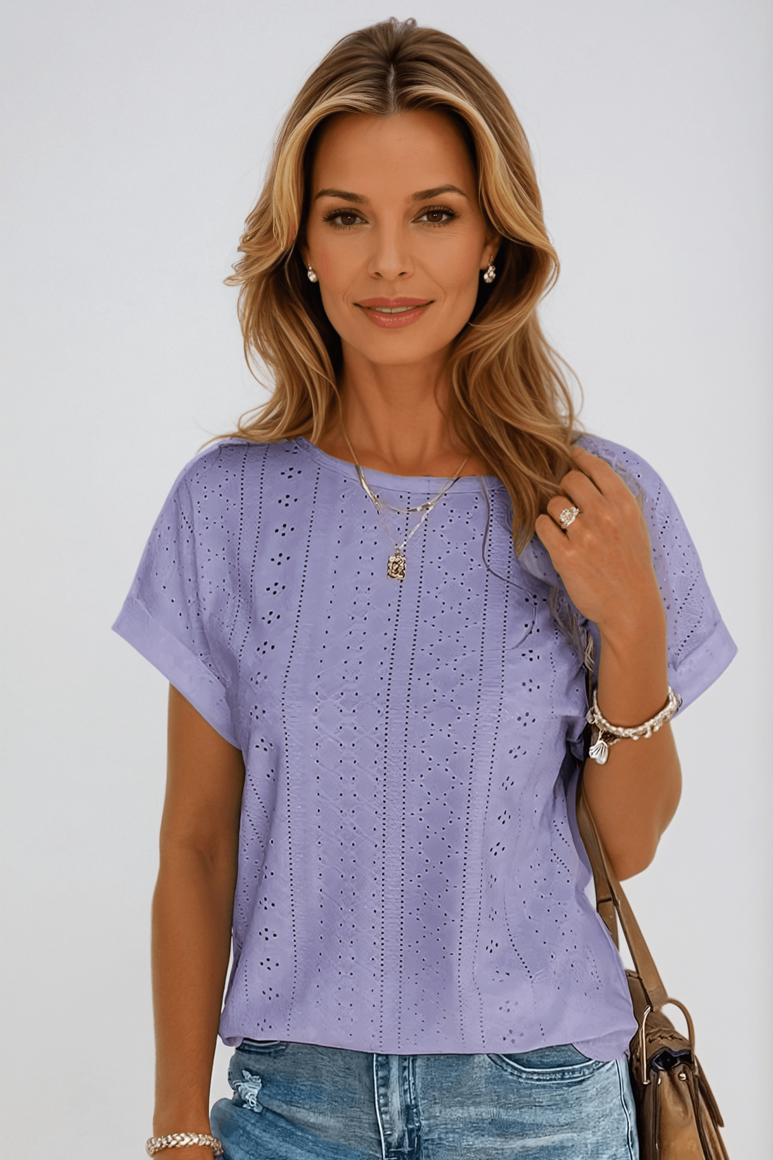 Elspeth Beaurivage | White Eyelet Embroidered Crew Neck Short Sleeve Top