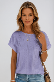 Elspeth Beaurivage | White Eyelet Embroidered Crew Neck Short Sleeve Top