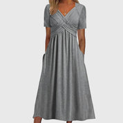 Cordelia Ashbourne | Blue V-Neck Midi Dress with Tummy Control