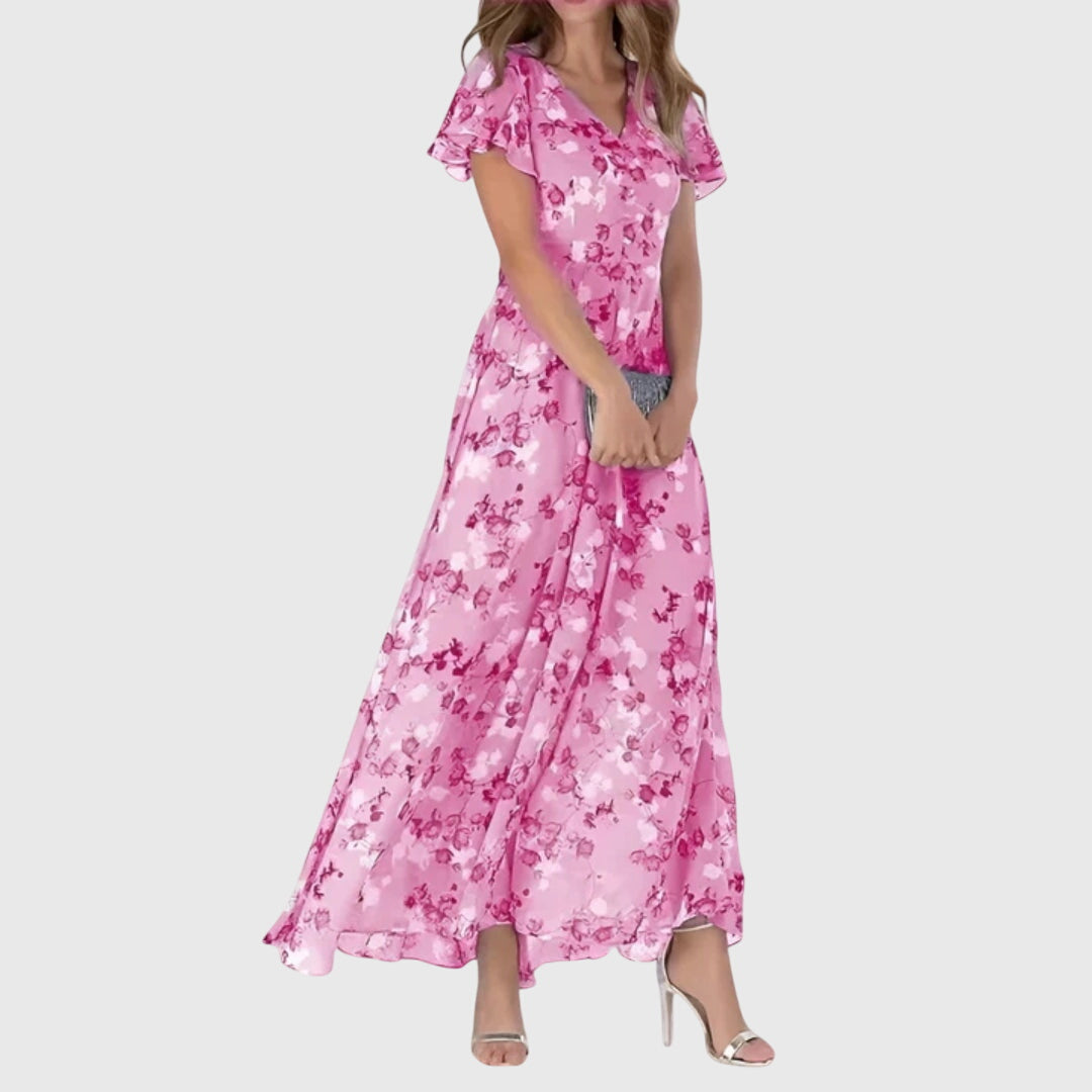 Aurienne Bellefort | Peach Floral Maxi Dress with Flutter Sleeves