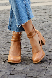 Mathilde Renoncourt | Tan Block Heel with Double Ankle Strap