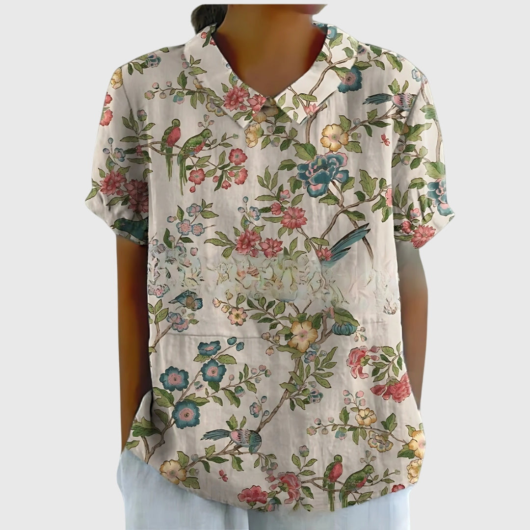 Colette Vaudrenne | Green Floral Print Short Sleeve Blouse