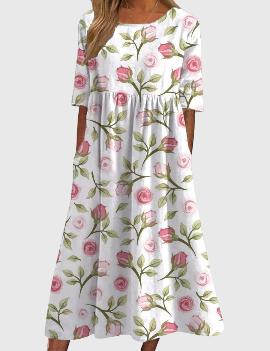 Célimène Fairgrove | Blue Floral Midi Dress with Half Sleeves