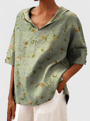 Elspeth Vauclaire | Floral Print V-Neck Linen Top in Green